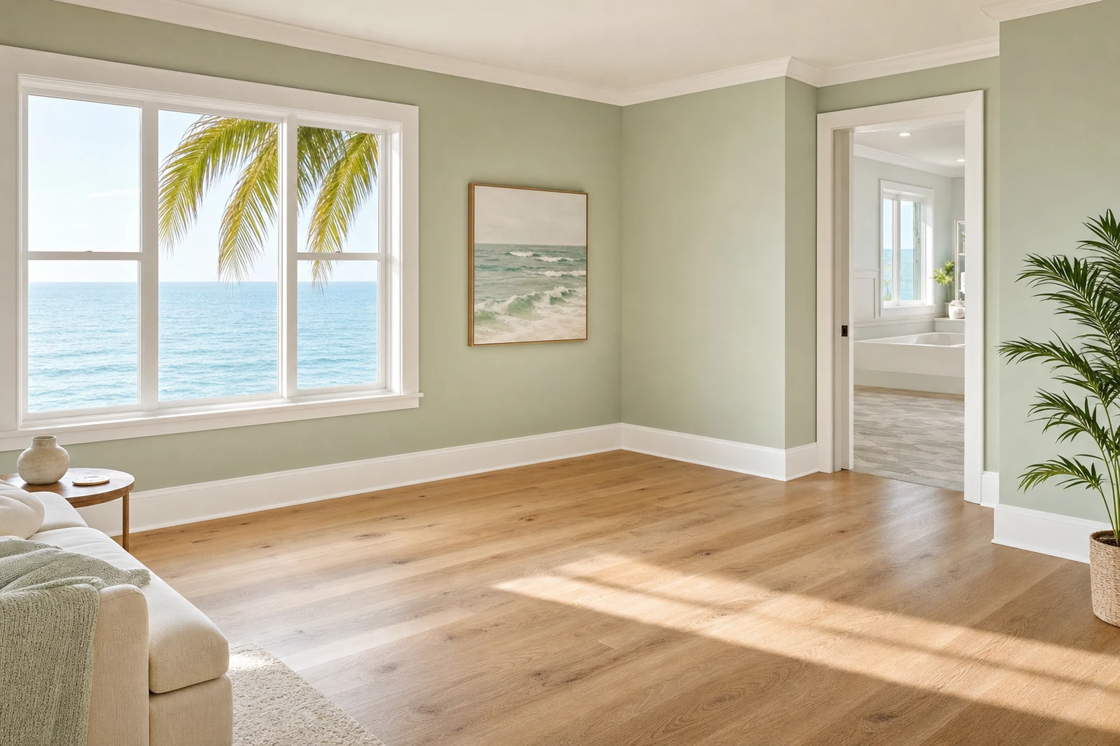 Bright, freshly finished coastal Florida living room with crisp white baseboards, clean trim, oak floors, and an ocean view