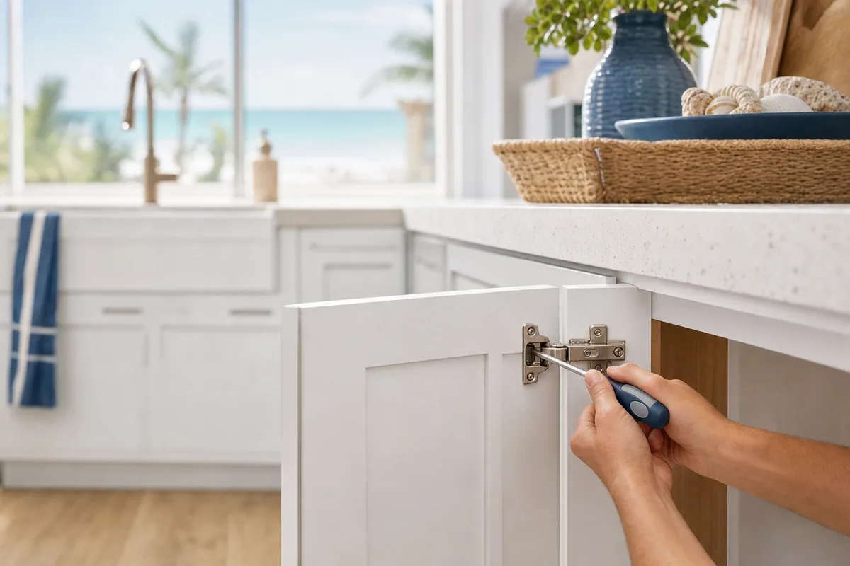 Installing a soft-close cabinet hinge and realigning white shaker cabinet doors in a Florida coastal kitchen