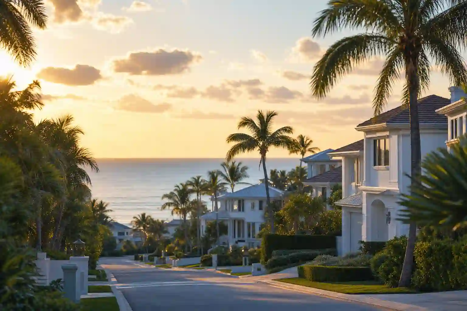 Upscale South Florida coastal neighborhood at golden hour