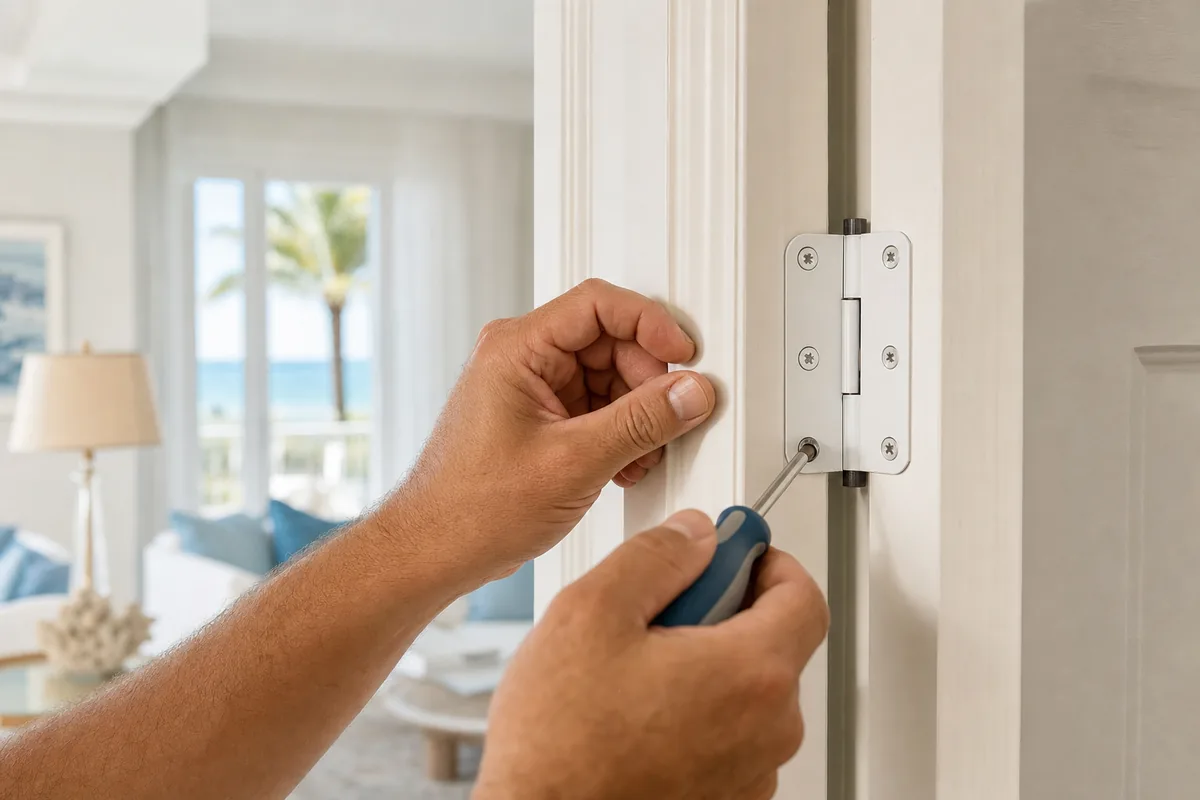 Handyman adjusting an interior door hinge and jamb in a Palm Beach Gardens coastal home