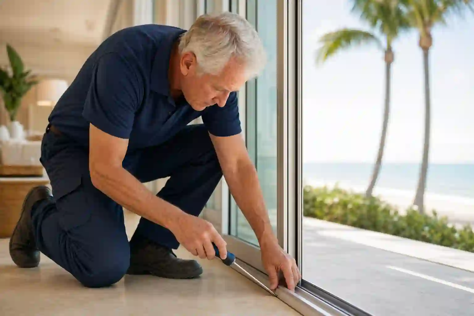 Charlie Evans servicing a sliding glass door track in a bright coastal Florida home