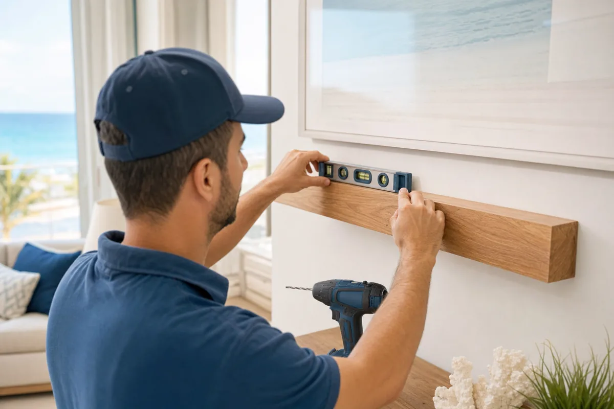 Handyman leveling and mounting a floating wood shelf in a Wellington coastal home