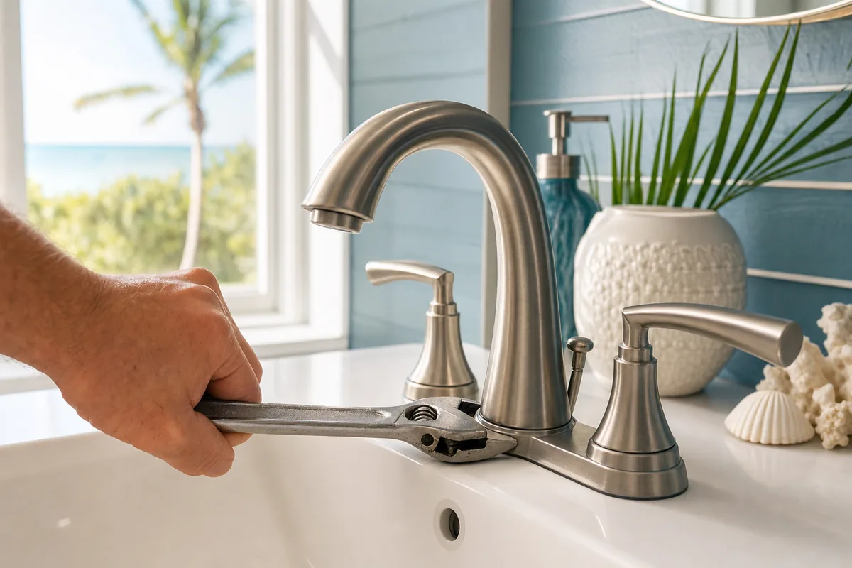 Installing a brushed-nickel bathroom faucet during minor plumbing repair in a Tequesta coastal home
