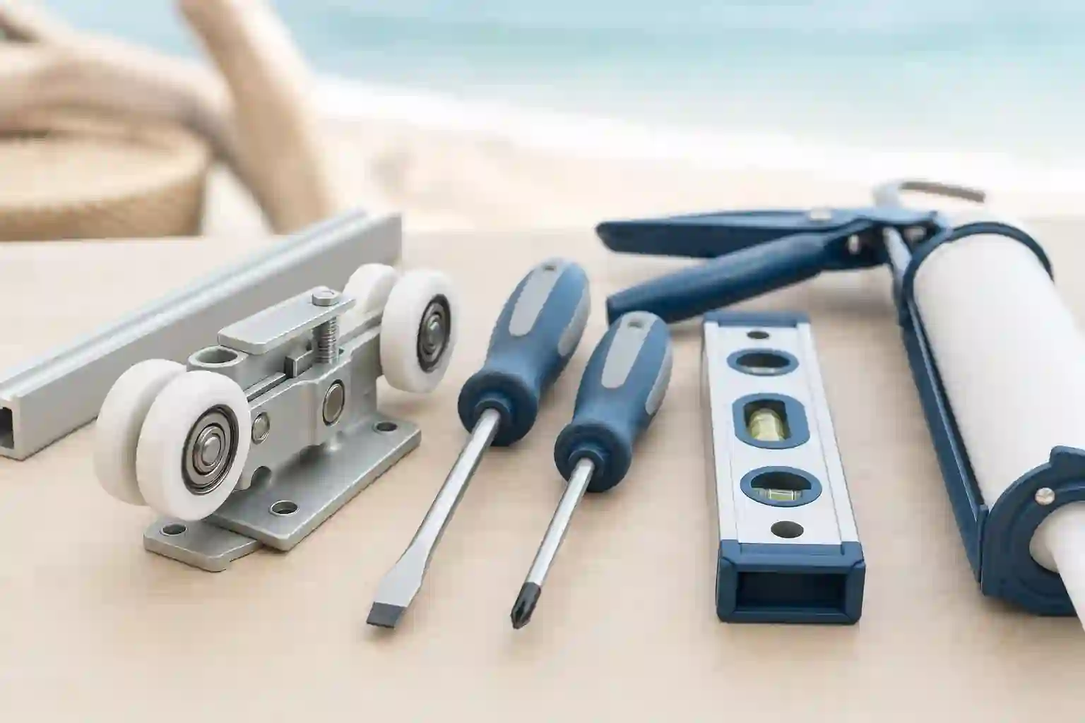 Clean, organized professional tools and a sliding door roller assembly